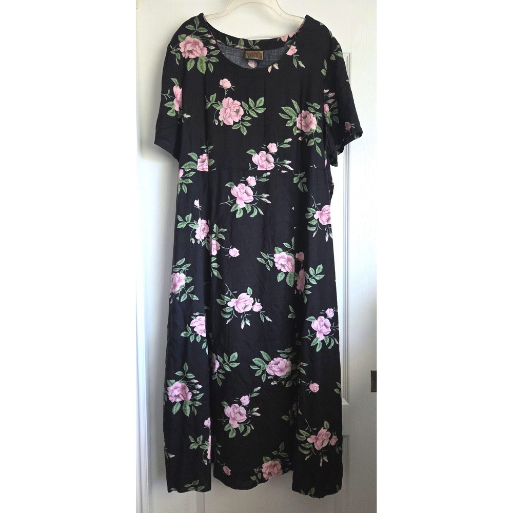 Vintage Blue Black Pink Rose Floral Maxi Dress Short Sleeve Tie Back Sz 2XL